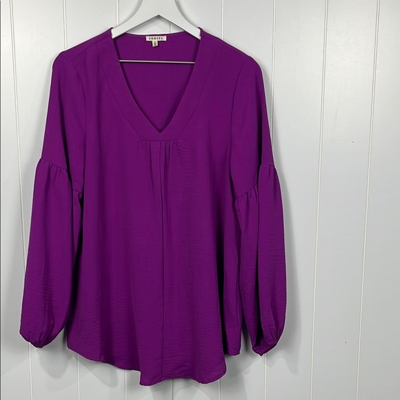 Jodifl Womens Tunic M Purple Balloon Sleeves Pullover Vneck Stretch 100% Poly - Picture 1 of 12